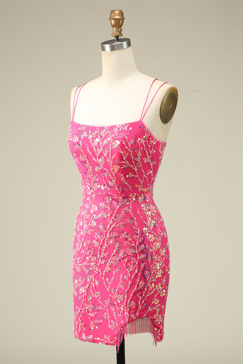 Load image into Gallery viewer, Elegant Fuchsia Spaghetti Straps Bodycon Homecoming Dress with Tassel