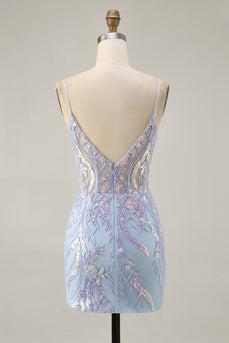 Sparkly Blue Sequins Short Corset Homecoming Dress with Lace