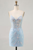 Load image into Gallery viewer, Sparkly Light Blue Corset Short Tight Homecoming Dress with Lace