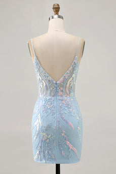 Sparkly Light Blue Corset Short Tight Homecoming Dress with Lace