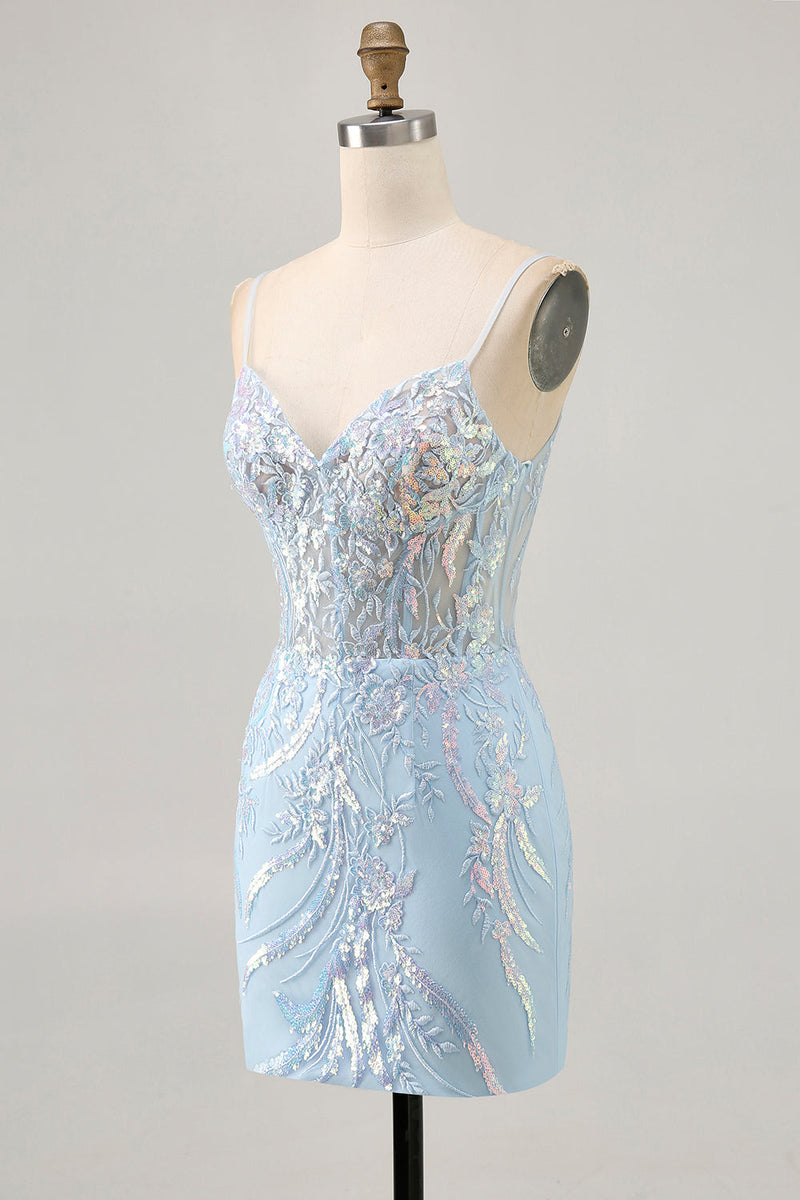 Load image into Gallery viewer, Sparkly Light Blue Corset Short Tight Homecoming Dress with Lace