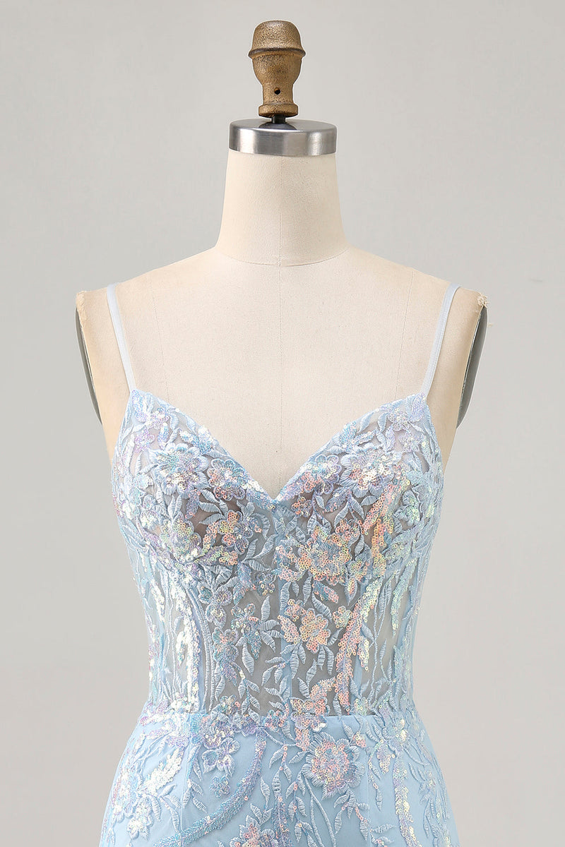 Load image into Gallery viewer, Sparkly Light Blue Corset Short Tight Homecoming Dress with Lace