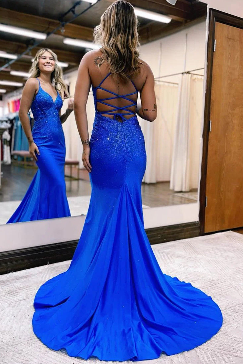 Queendancer Royal Blue Spaghetti Straps Corset Back Glitter Prom Dress Prom Dress 2023