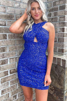 Load image into Gallery viewer, Glitter Red Halter Backless Sequins Tight Homecoming Dress