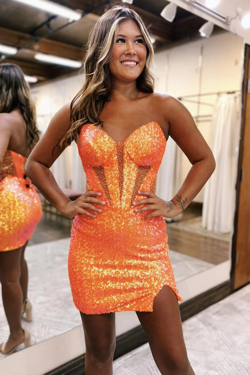 Queendancer Women Sparkly Orange Homecoming Dress with Slit Sweetheart Corset Tight Cocktail Dress queendancer Queendancer Women Sparkly Orange Homecoming Dress with Slit Sweetheart Corset Tight Cocktail Dress queendancer