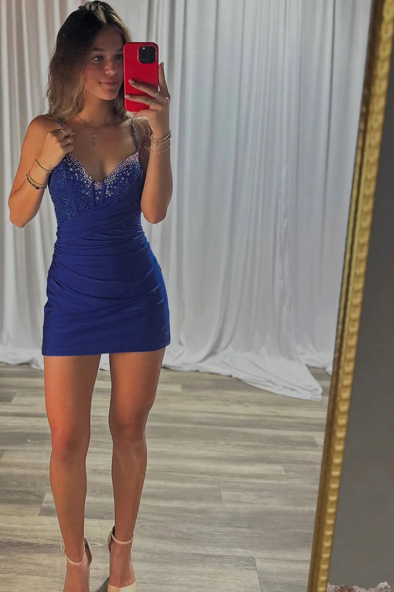 Load image into Gallery viewer, Royal Blue Tight Beaded Short Corset Homecoming Dress