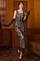 Load image into Gallery viewer, Sparkly Black Apricot Sheath Sequins Flapper Dress with Fringes