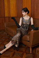 Load image into Gallery viewer, Sparkly Black Apricot Sheath Sequins Flapper Dress with Fringes