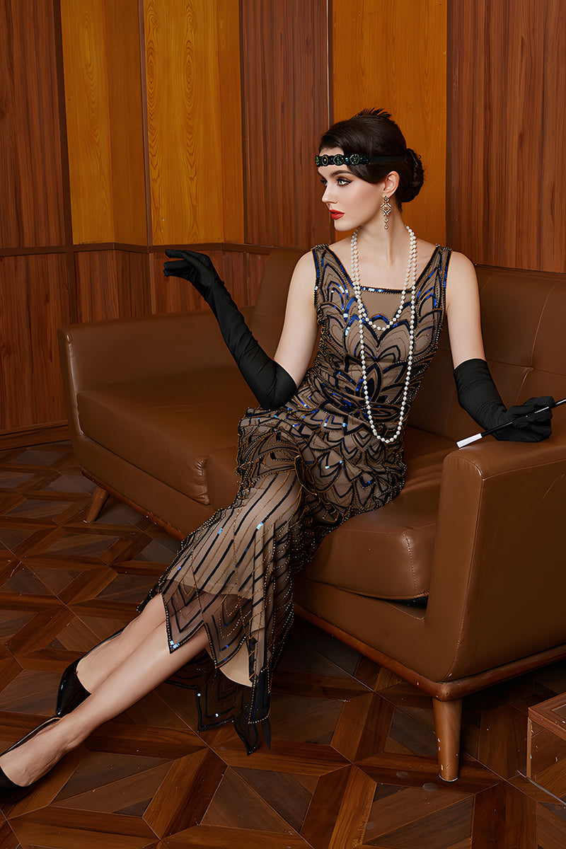 Load image into Gallery viewer, Sparkly Black Apricot Sheath Sequins Flapper Dress with Fringes