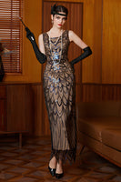 Load image into Gallery viewer, Sparkly Black Apricot Sheath Sequins Flapper Dress with Fringes
