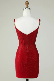 Sheath Spaghetti Straps Red Short Homecoming Dress with Beading