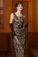 Load image into Gallery viewer, Sparkly Black Apricot Sheath Sequins Flapper Dress with Fringes