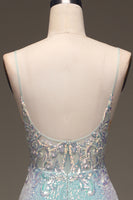 Load image into Gallery viewer, Mermaid Spaghetti Straps Grey Blue Prom Dress With Slit