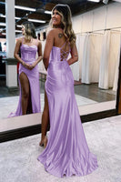 Load image into Gallery viewer, Golden Spaghetti Straps Satin Mermaid Prom Dress with Slit