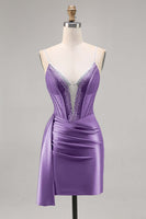 Load image into Gallery viewer, Sparkly Grey Blue Satin Short Corset Homecoming Dress with Beading