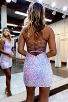 Load image into Gallery viewer, Sparkly Light Pink Spaghetti Straps Tight Homecoming Dress with Sequins