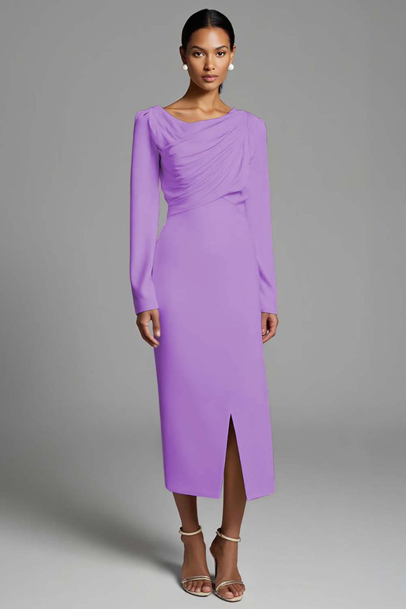 Load image into Gallery viewer, Ivory Sheath Ruched Long Sleeves Work Dress with Slit