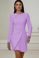 Load image into Gallery viewer, Queendancer Women Ivory Pleated Short Work Dress Long Sleeves Pencil Round Neck Business Dress