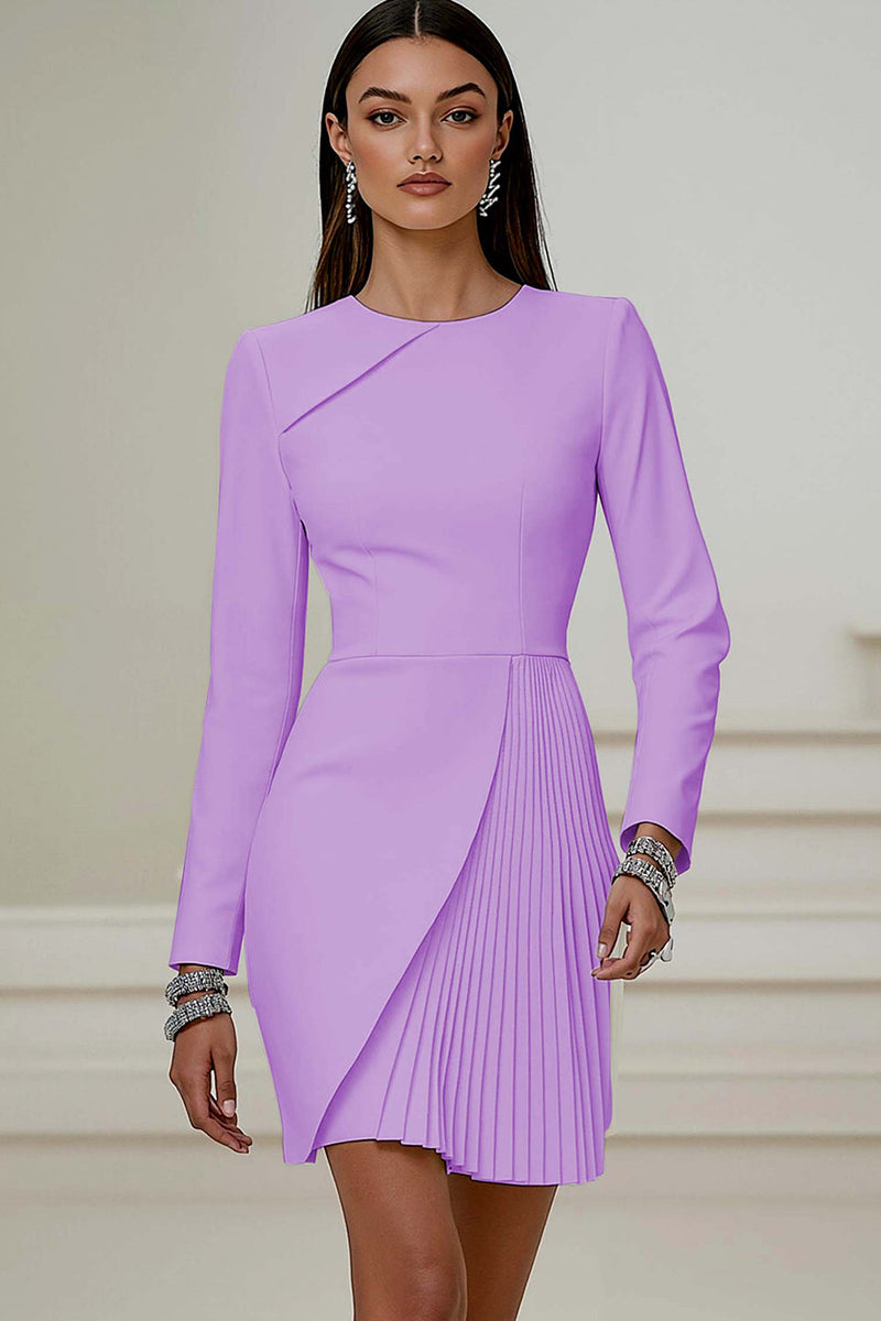 Load image into Gallery viewer, Queendancer Women Ivory Pleated Short Work Dress Long Sleeves Pencil Round Neck Business Dress