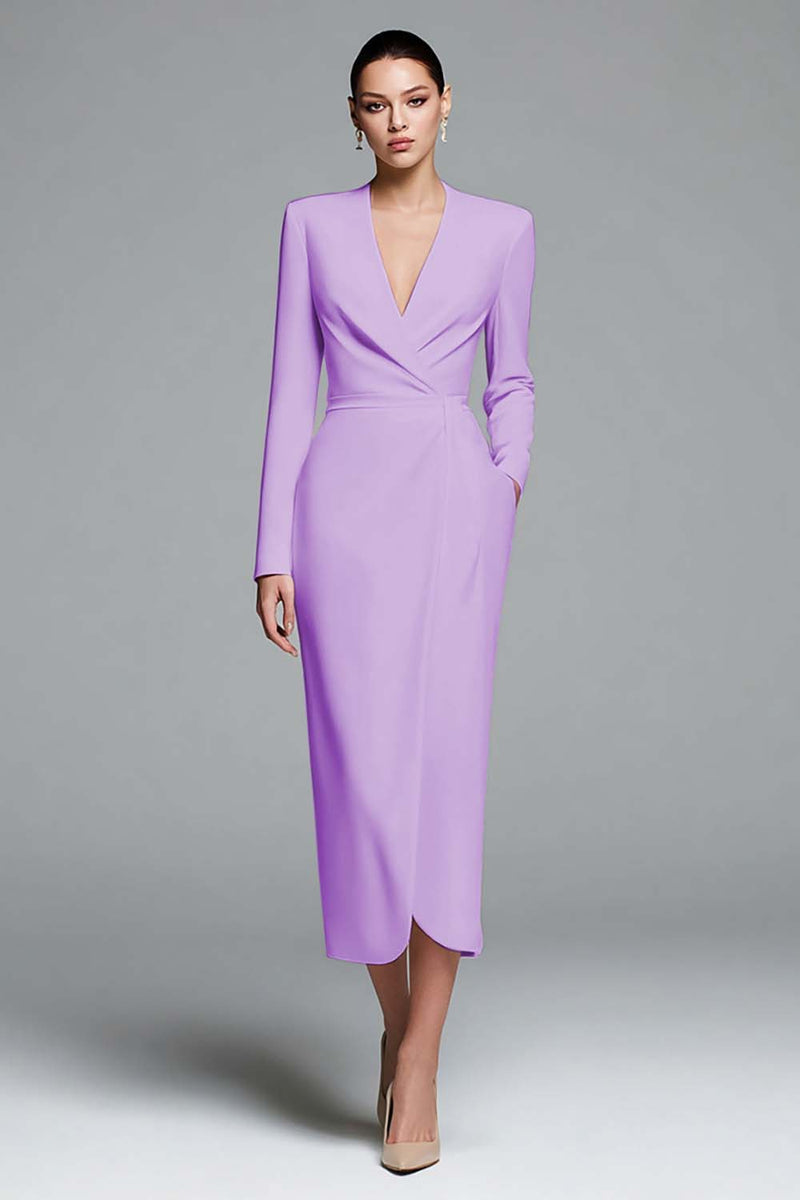 Load image into Gallery viewer, Dusty Rose Sheath Satin V-Neck Ruched Long Sleeves Work Dress