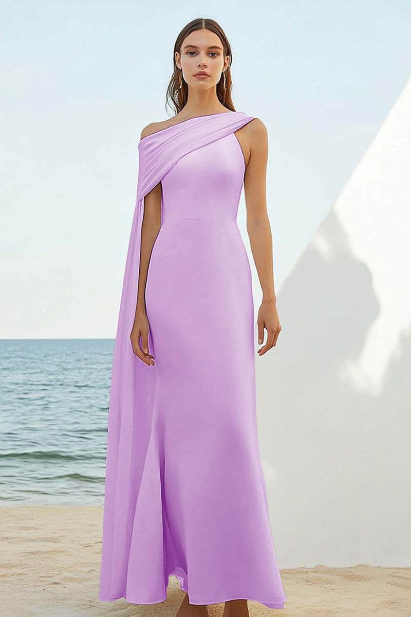 Load image into Gallery viewer, Chiffon Dusty Blue Asymmetrical Sheath Rehearsal Dinner Dress