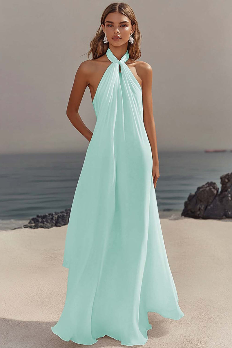 Load image into Gallery viewer, White Halter Chiffon A Line Pleated Long Rehearsal Dinner Dress