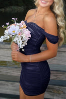 Load image into Gallery viewer, Black Satin Tight Off the Shoulder Mini Party Dress