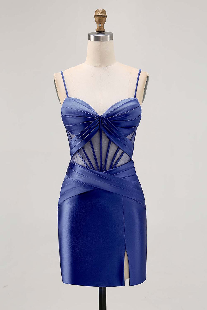 Load image into Gallery viewer, Grey Blue Satin Corset Ruched Tight Short Homecoming Dress with Slit