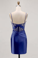 Load image into Gallery viewer, Grey Blue Satin Corset Ruched Tight Short Homecoming Dress with Slit