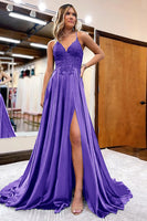 Load image into Gallery viewer, Royal Blue Satin A-Line Appliques Prom Dress with Slit