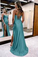 Load image into Gallery viewer, Golden Spaghetti Straps Satin Mermaid Prom Dress with Slit