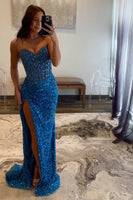 Load image into Gallery viewer, Emerald Green Sparkly Corset Mermaid Long Prom Dress with Slit