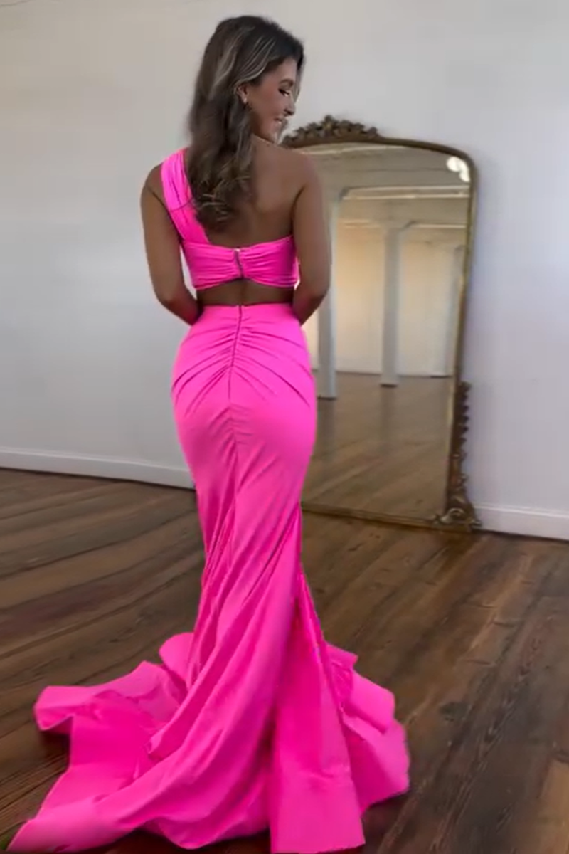 Queendancer Women Sexy Hot Pink One Shoulder Satin Long Prom Dress