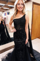 Load image into Gallery viewer, Black One Shoulder Tulle Long Prom Dress with Lace Appliques