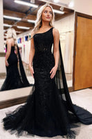 Load image into Gallery viewer, Black One Shoulder Tulle Long Prom Dress with Lace Appliques