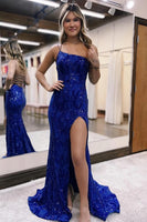 Load image into Gallery viewer, Royal Blue Sparkly Sheath Long Prom Dress with Slit
