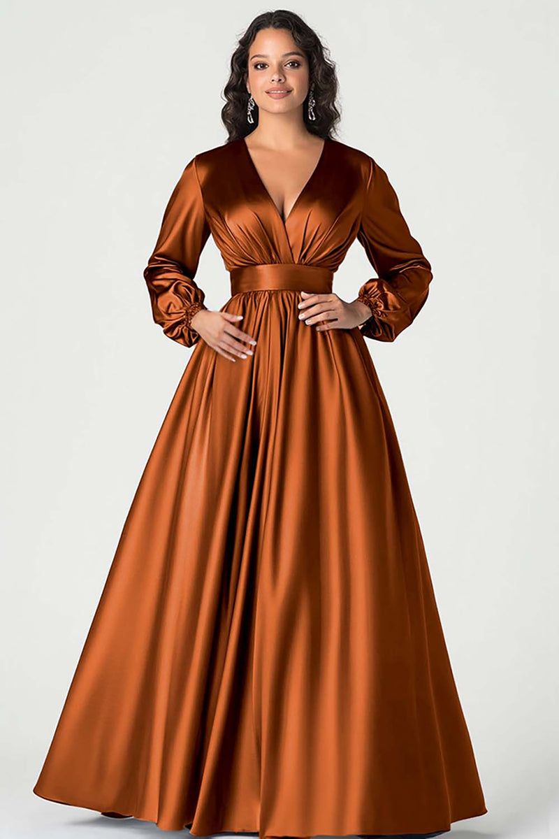Load image into Gallery viewer, Queendancer Women Dusty Sage Satin Mother of the Bride Dress Long Sleeves Ball Gown V-Neck Pleated A Line Long Wedding Guest Dress