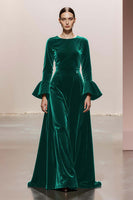 Load image into Gallery viewer, Dark Green Velvet A Line Round Neck Long Sleeves Formal Dress