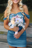 Load image into Gallery viewer, Black Satin Tight Off the Shoulder Mini Party Dress