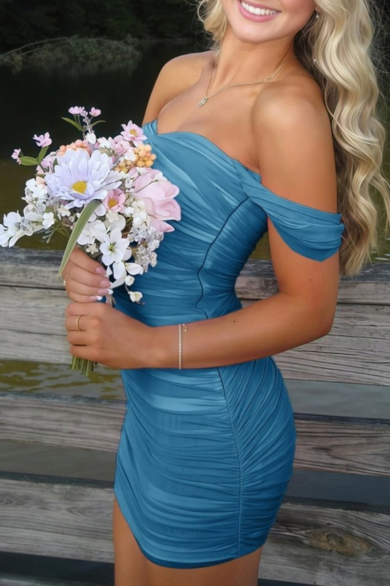 Load image into Gallery viewer, Black Satin Tight Off the Shoulder Mini Party Dress