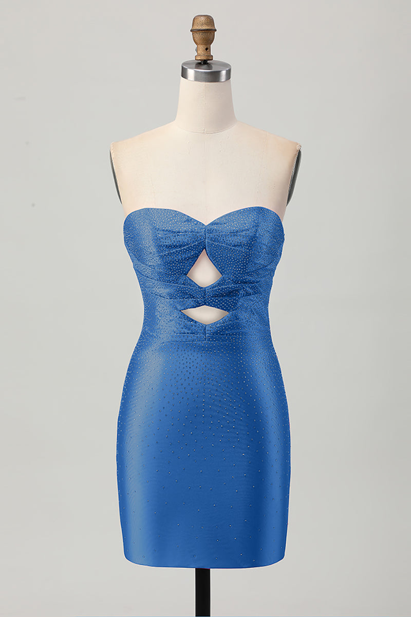 Load image into Gallery viewer, Queendancer Women Sparkly Fuchsia Tight Short Homecoming Dress with Keyholes Beaded Sweetheart Strapless Satin Lace Up Back Cocktail Dress