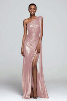 Load image into Gallery viewer, Sparkly Brown Metallic Ruched One Shoulder Long Formal Dress with Slit