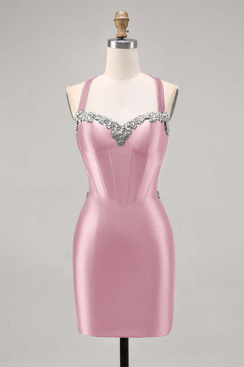 Load image into Gallery viewer, Sparkly Green Satin Corset Tight Short Homecoming Dress with Beading