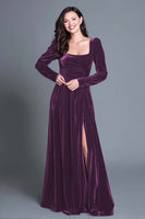 Load image into Gallery viewer, Burgundy Velvet Square Neck Long Sleeves Holiday Party Dress with Slit