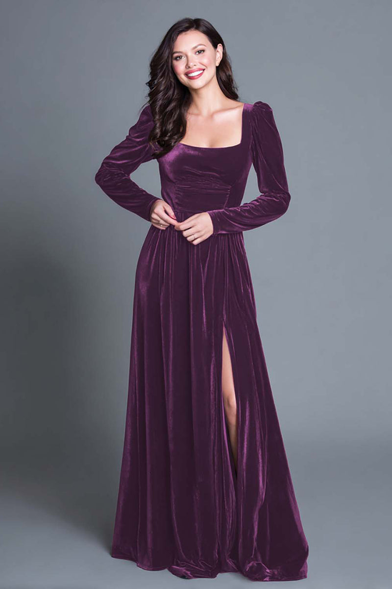 Load image into Gallery viewer, Burgundy Velvet Square Neck Long Sleeves Holiday Party Dress with Slit