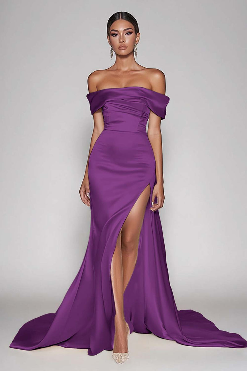 Load image into Gallery viewer, Dark Green Satin Off the Shoulder Sheath Long Prom Dress with Slit