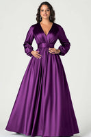Load image into Gallery viewer, Queendancer Women Plum Satin Long Sleeves Mother of the Bride Dress Ball Gown A Line V-Neck Pleated Wedding Guest Dress