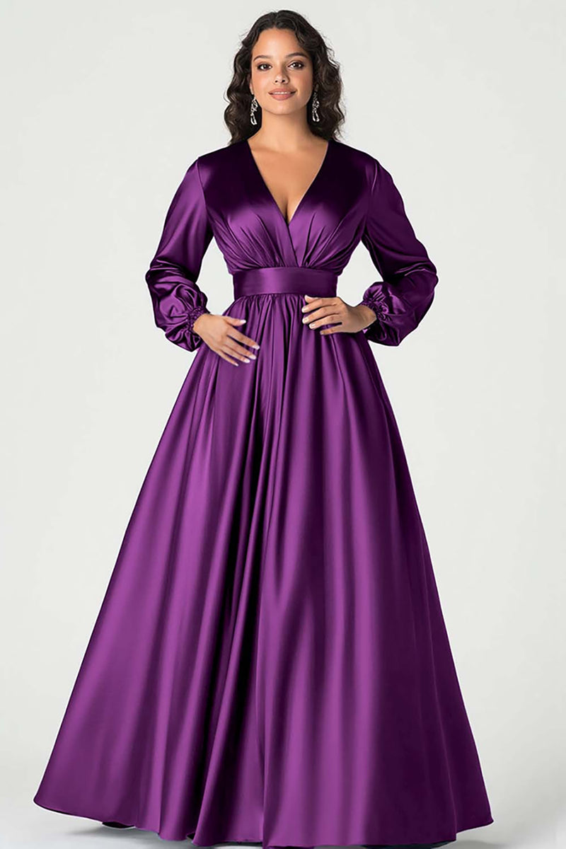 Load image into Gallery viewer, Queendancer Women Plum Satin Long Sleeves Mother of the Bride Dress Ball Gown A Line V-Neck Pleated Wedding Guest Dress