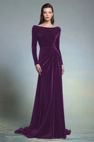 Load image into Gallery viewer, Dark Green Velvet Sheath Boat Neck Long Sleeves Formal Dress