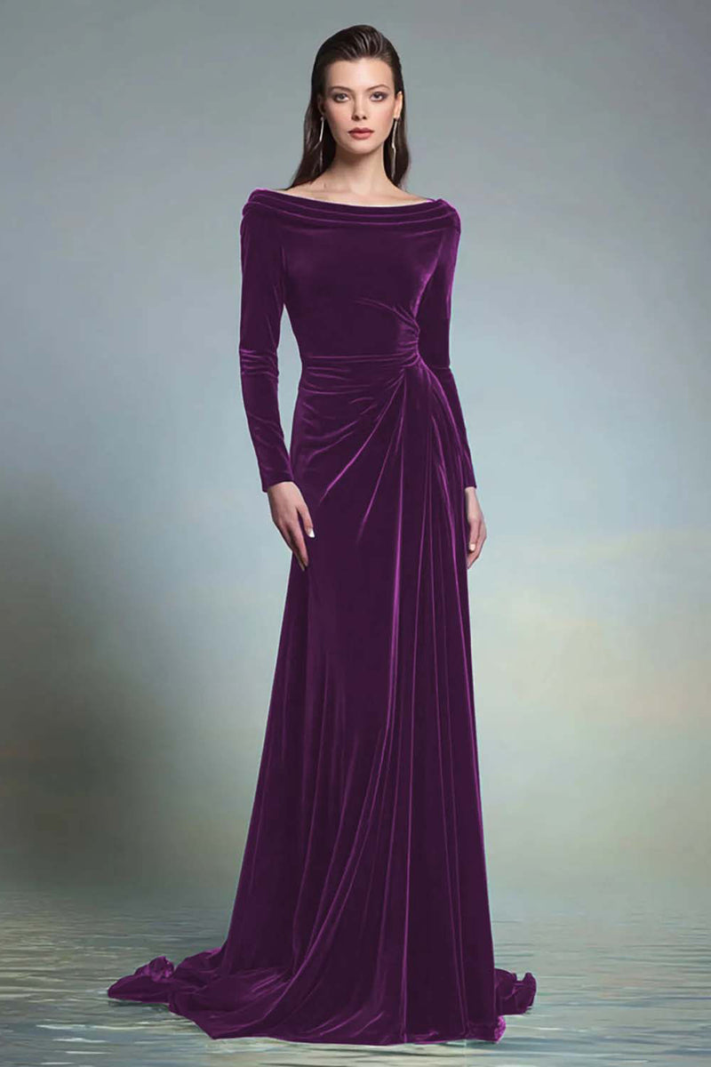 Load image into Gallery viewer, Dark Green Velvet Sheath Boat Neck Long Sleeves Formal Dress